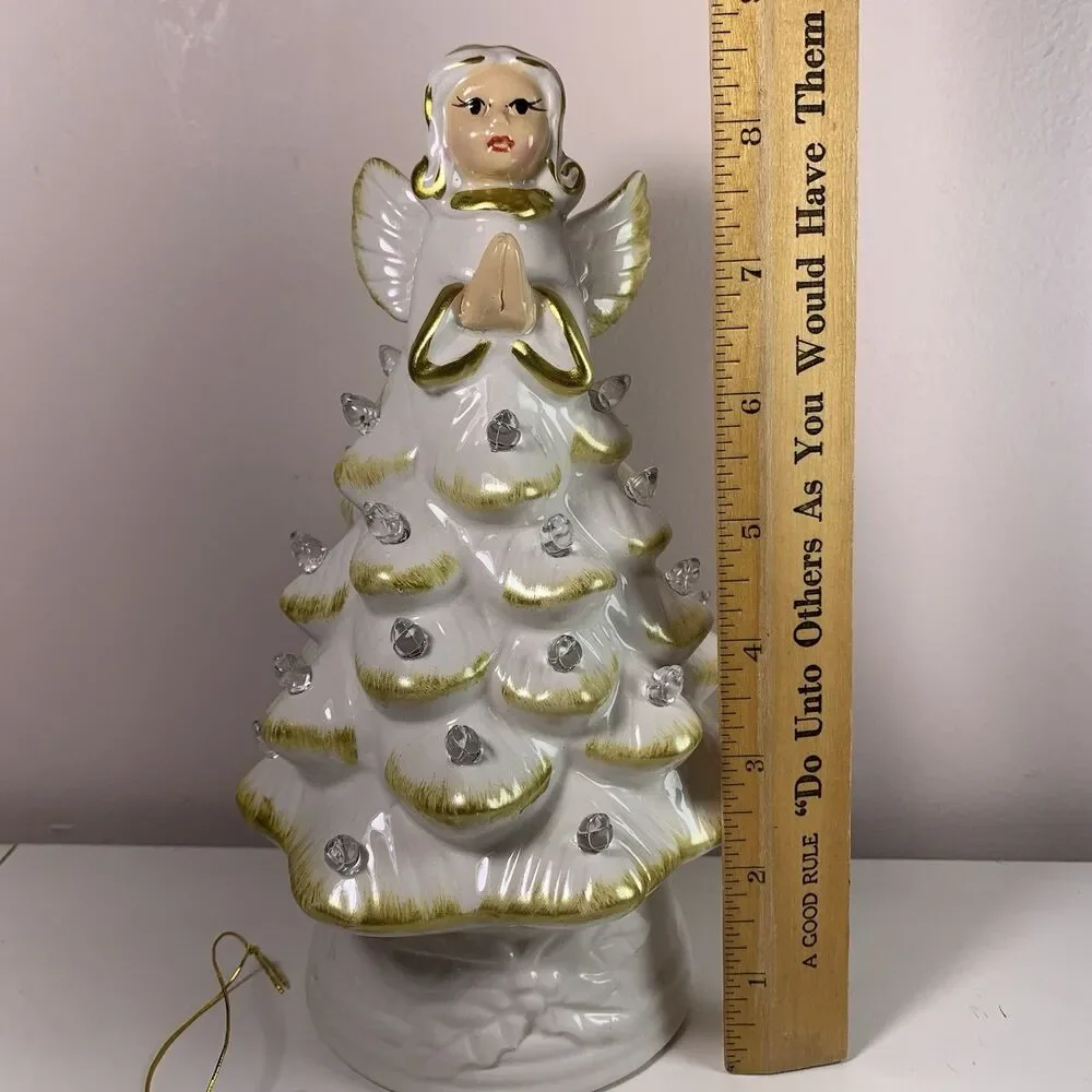 Mr. Christmas Ceramic Angel Tree Tabletop Decor W/Timer White/Gold 8.5” Holiday